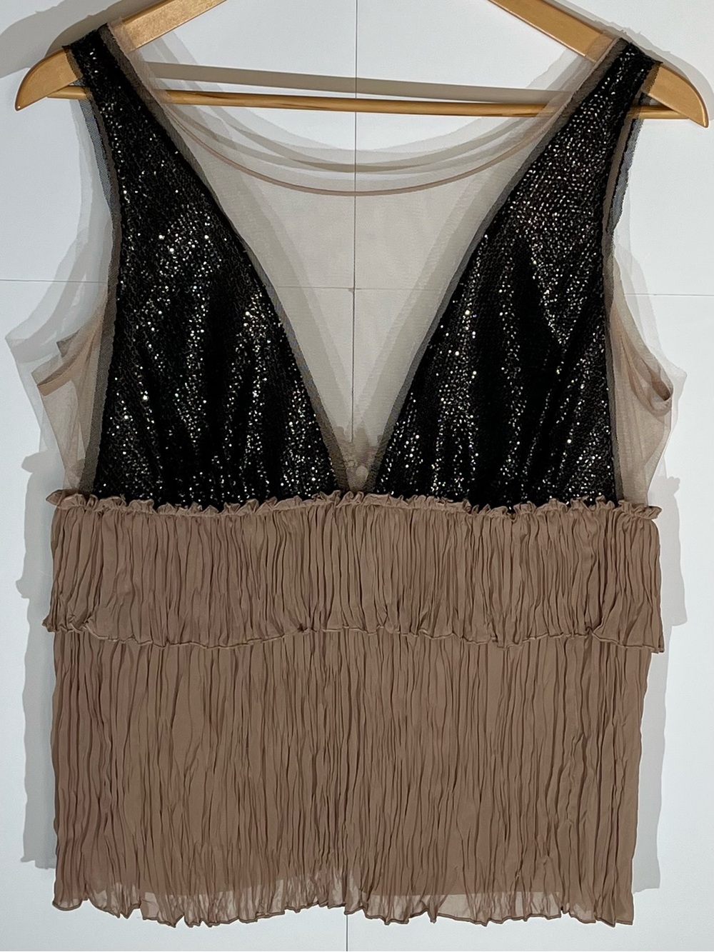 Y2K BCBGMaxAzria Black Sequined Deep-V Empire-waist with Nude Ruching Cami